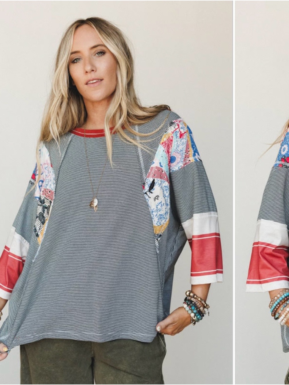 Three Bird Nest Bohemian Patchwork Top S Charcoal Pinstripe